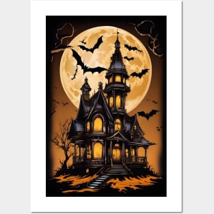 Spooky Moonlight Haunted House Halloween Posters and Art